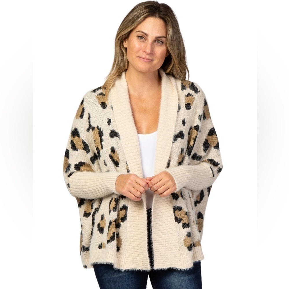 Very J Cream Animal Cheetah Print Knit Drape Cardigan SZ L NEW